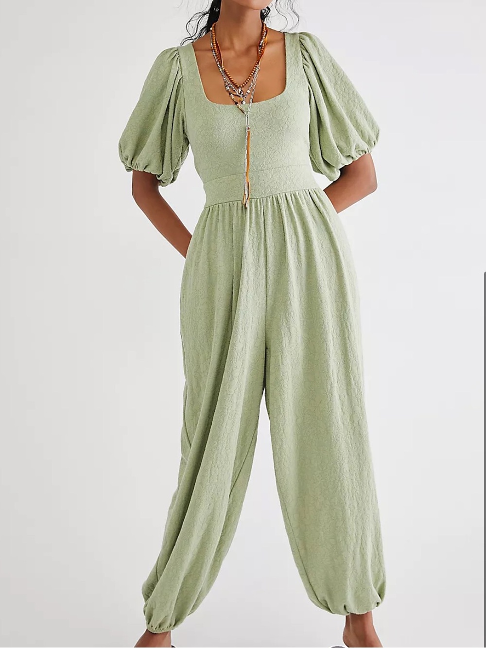 Free People womans Janice Puff-Sleeve Square Neck Sage Jumpsuit size L